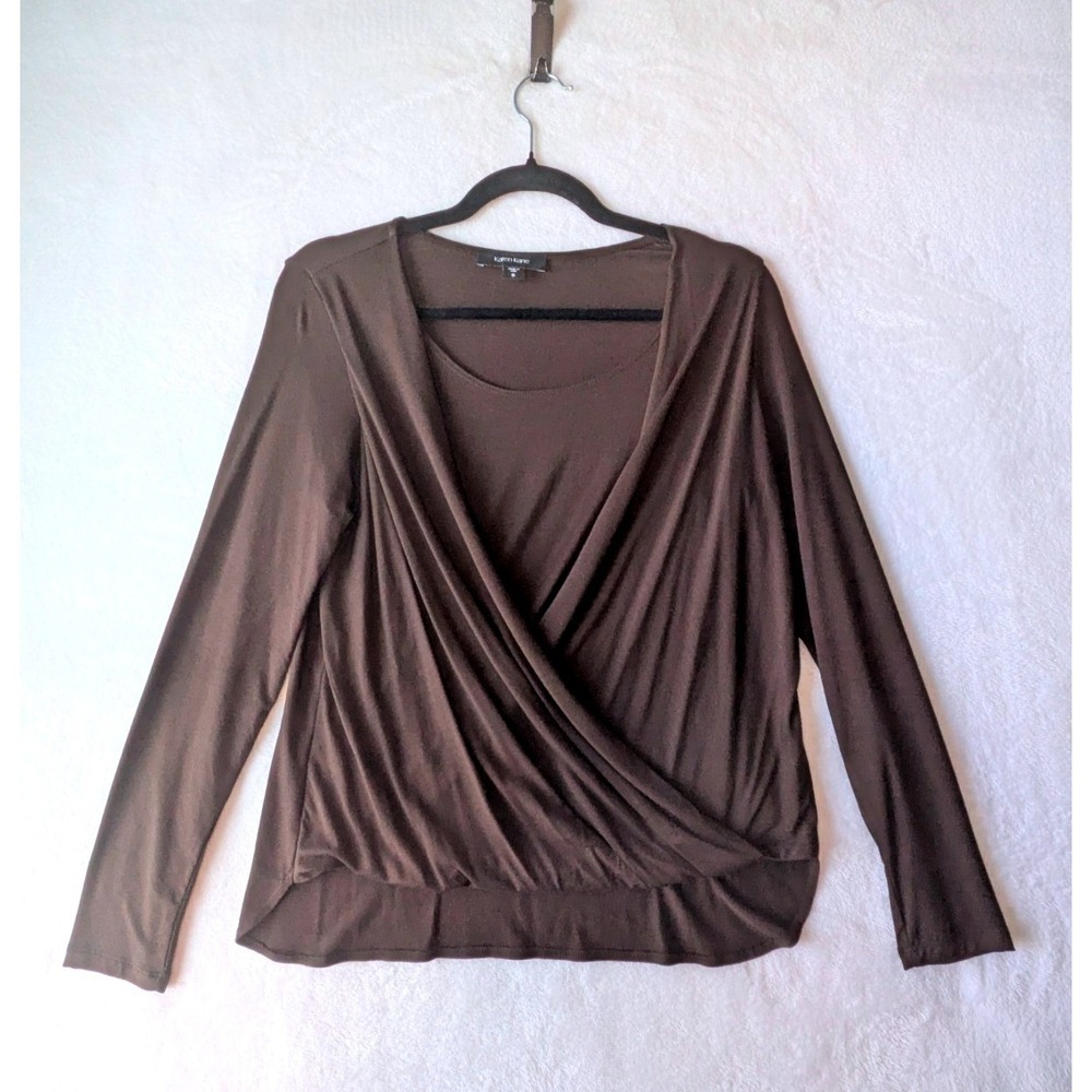 Karen Kane Faux Wrap Top Women Size S Brown Long Sleeve Draped 3L13495